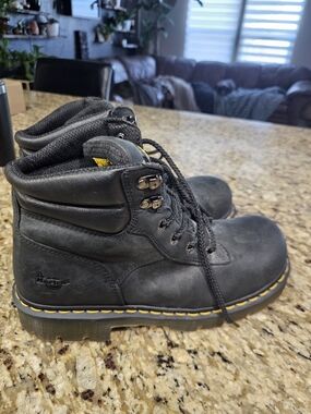 Dr. Martens Black Leather Lace-Up Work Boots with Yellow Stitching